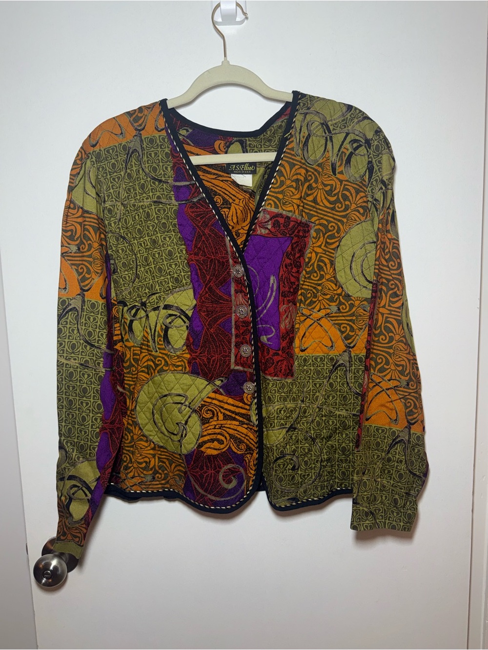 A.S. Elliot Quilted Cotton Abstract Whimsy Multicolor V-Neck Button Fall Jacket - Picture 1 of 7